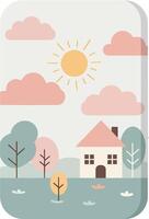 Minimalist landscape illustration with small house trees sun and clouds in pastel colors flat style vector