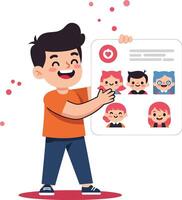 Boy showing social media profile with avatar icons and likes in digital interaction environment vector