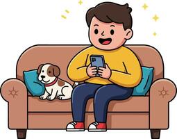 Boy sitting on sofa with dog using smartphone happy relaxed leisure moment indoors vector