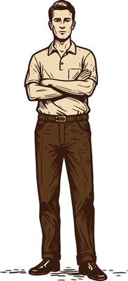 Confident standing man with folded arms in casual shirt and trousers natural posture illustration