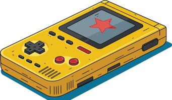 Retro handheld game console with yellow casing and red star on screen illustration for vintage gaming design vector