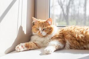 A ginger cat with yellow eyes lies on a white windowsill, relaxing, illuminated by the sun's rays from the window. photo