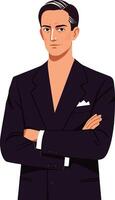 Confident young man in black suit with folded arms standing against white background digital illustration vector