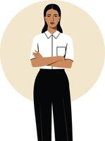 Confident young woman standing with arms crossed wearing white shirt and black pants in minimalistic style vector