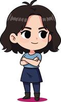 Cartoon character with crossed arms and dark hair in casual clothing standing confidently with shadow beneath vector