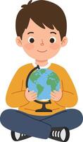 Boy sitting cross-legged holding globe in hands focusing on geography and earth education learning concept vector