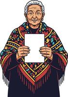 Elderly woman holding blank paper wearing colorful traditional shawl smiling warmly in portrait format vector