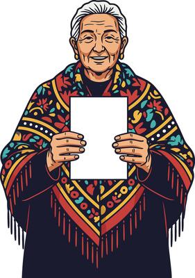 Elderly woman holding blank paper wearing colorful traditional shawl smiling warmly in portrait format