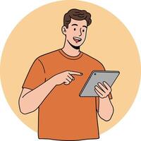 Young man using tablet technology device with orange shirt digital illustration in flat style vector