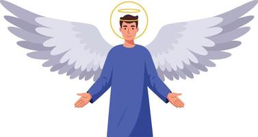 Angelic figure with glowing halo and large white wings in blue robe spiritual symbolism and celestial grace vector