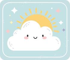 Cute cloud with happy face and cheerful sunshine illustration in pastel colors with stars background vector