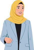 Young woman wearing yellow hijab and blue blazer standing with confident expression in portrait orientation vector