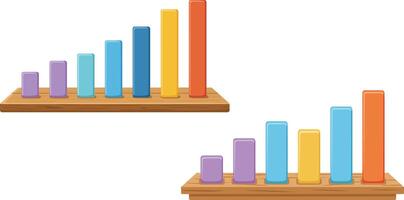 Colorful bar graphs showing data comparison with purple, blue, yellow, and orange bars on wooden bases in landscape orientation vector