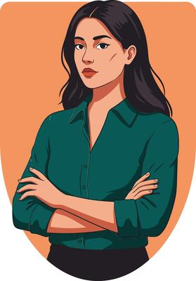 Confident young woman with crossed arms in green shirt portrait on orange background digital illustration