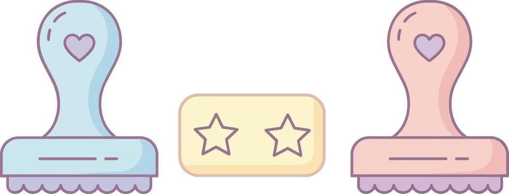 Two pastel colored rubber stamps with heart shapes and a yellow label with star marks in flat design illustration