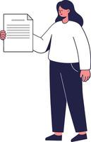 Woman standing holding document and pen in thoughtful pose for business or education concept in style vector