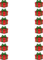 Festive illustration of a vertical border design featuring a repeating pattern of red gift boxes with green ribbons, perfect for holiday cards or wrapping paper. vector