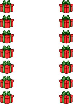 Festive illustration of a vertical border design featuring a repeating pattern of red gift boxes with green ribbons, perfect for holiday cards or wrapping paper.