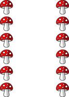 A whimsical illustration featuring a vertical arrangement of cartoonish red toadstools with white spots, creating a playful and symmetrical border design. vector