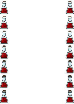 Seamless border design featuring repeating illustrations of glass flasks filled with vibrant red liquid, perfect for adding a touch of scientific or potionrelated aesthetic to your projects. vector