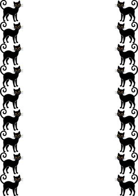Seamless border design featuring a repeating pattern of cute black cats with curled tails and orange eyes, perfect for Halloween or whimsical designs.