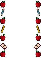 A charming frame design featuring a vertical arrangement of red apples, pencils, rulers, and open books, perfect for backtoschool themes or educational projects. vector