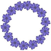 Elegant floral wreath with purple periwinkle flowers arranged in a circular frame, perfect for invitations, cards, or decorative design elements. vector