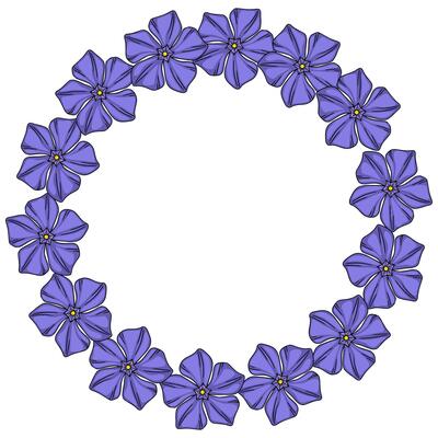 Elegant floral wreath with purple periwinkle flowers arranged in a circular frame, perfect for invitations, cards, or decorative design elements.
