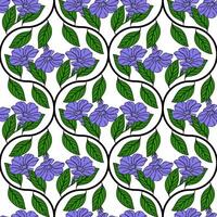 Seamless pattern of stylized periwinkle flowers and leaves, arranged in a unique wavy black line pattern on a white background, creating a vibrant and elegant design. vector