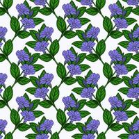 Seamless pattern of stylized periwinkle flowers and green leaves, creating a vibrant and elegant floral design ideal for textile prints, wallpapers, and surface decorations. vector