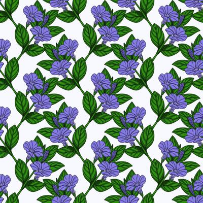 Seamless pattern of stylized periwinkle flowers and green leaves, creating a vibrant and elegant floral design ideal for textile prints, wallpapers, and surface decorations.