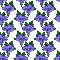 Seamless pattern of stylized periwinkle flowers with buds and green leaves on a white background, perfect for textile prints, wallpapers, and surface designs. vector