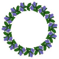 Elegant wreath design featuring a circular arrangement of delicate purple flowers and lush green leaves, perfect for invitations, cards, or decorative elements. vector