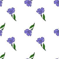 Seamless pattern of delicate periwinkle flowers with green leaves on a white background, ideal for textile prints and floral designs. vector