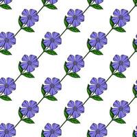 Seamless pattern of stylized periwinkle flowers with vibrant purple petals and green leaves, arranged in a diagonal repeating design on a white background, ideal for textile prints or digita... vector