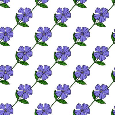 Seamless pattern of stylized periwinkle flowers with vibrant purple petals and green leaves, arranged in a diagonal repeating design on a white background, ideal for textile prints or digita...