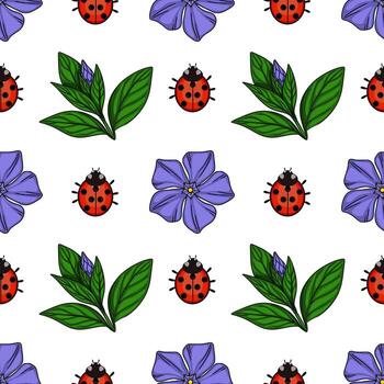 sin costura modelo presentando encantador mariquitas y delicado bígaro flores, creando un alegre temática primaveral diseño ideal para varios aplicaciones vector