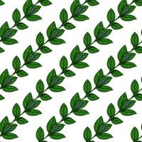 Seamless pattern of stylized periwinkle branches with vibrant green leaves and closed purple buds, arranged in a diagonal repeat on a white background, ideal for textile prints or wallpapers. vector