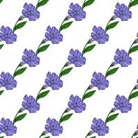 Seamless pattern of stylized periwinkle flowers with vibrant purple petals and lush green leaves, arranged in a diagonal repeating design on a white background. vector