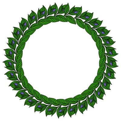 Elegant wreath design featuring a circular frame of lush green leaves and delicate purple buds, perfect for invitations, logos, or decorative elements.