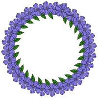 Elegant wreath design featuring a circular arrangement of vibrant purple periwinkle flowers and lush green leaves, perfect for invitations, cards, or decorative elements. vector