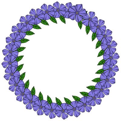 Elegant wreath design featuring a circular arrangement of vibrant purple periwinkle flowers and lush green leaves, perfect for invitations, cards, or decorative elements.