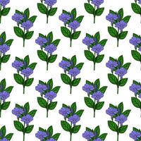 Seamless pattern of delicate periwinkle flowers with detailed leaves, perfect for textile prints or springthemed designs. vector