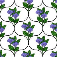 Seamless pattern with stylized periwinkle flowers and leaves, arranged in a repeating design against a white background, featuring a unique curved black line motif. vector