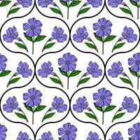 Seamless pattern of stylized periwinkle flowers in a unique oval frame, creating a delicate and elegant floral design. vector