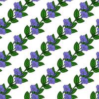 Seamless pattern of stylized periwinkle flowers and leaves, arranged diagonally on a white background, featuring vibrant purple blossoms and lush green foliage, perfect for textile prints or... vector