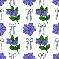 Seamless pattern featuring delicate periwinkle flowers and light blue bows on a white background, creating a charming and elegant design perfect for various applications. vector