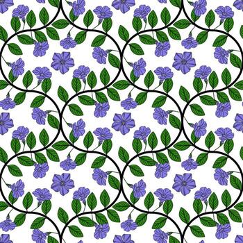 Seamless pattern of stylized periwinkle flowers and leaves, arranged in a repeating circular design on a white background, creating a vibrant and elegant floral texture. vector