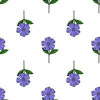 Seamless pattern of stylized periwinkle flowers with vibrant purple petals and green leaves, perfect for textile design or springthemed projects. vector