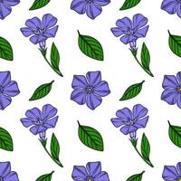 Seamless pattern of delicate periwinkle flowers and leaves, featuring a vibrant purple hue and lush green foliage, ideal for textile design or springthemed projects. vector